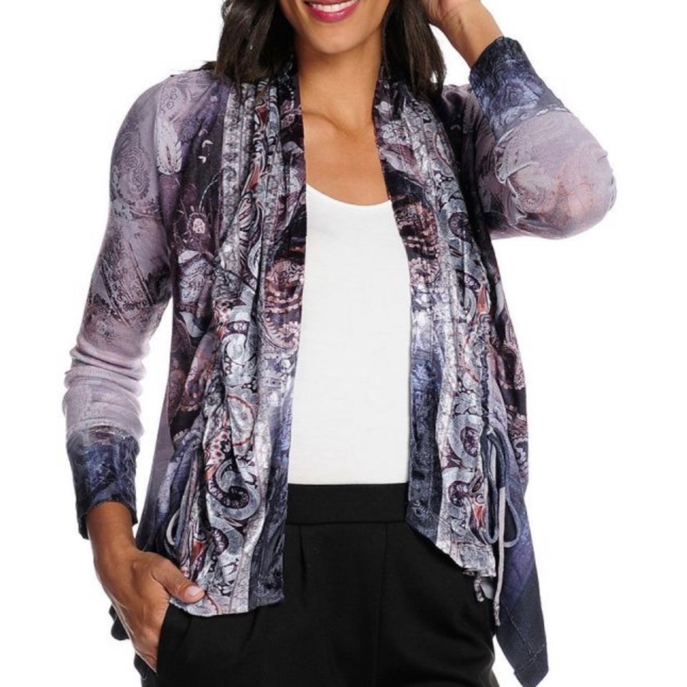 💜One World Ruched printed loose knit purple long cardigan duster sweater NEW💜 - Picture 3 of 6